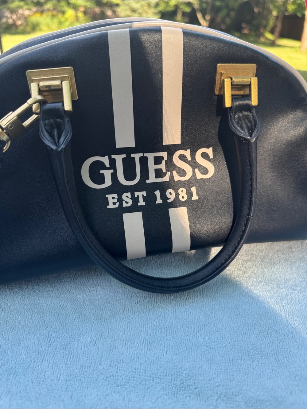 Guess Navy Blue Double top handle bowler bag with White Stripe Logo